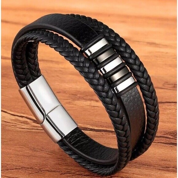 Men's Vegan Leather Wrap Braided Bracelet Bangle Titanium Steel Magnetic Clasp - Picture 1 of 2
